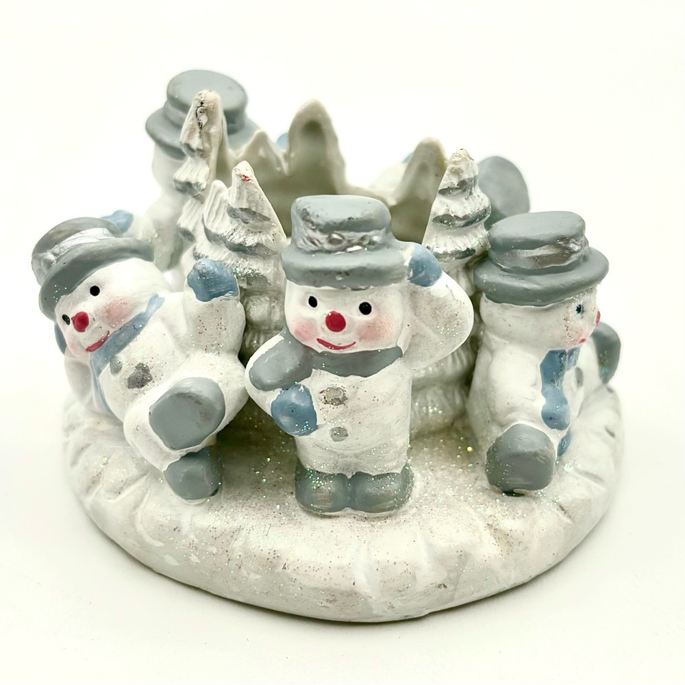Ceramic Snowmen Taper Candle Holder - Christmas Holiday Winter